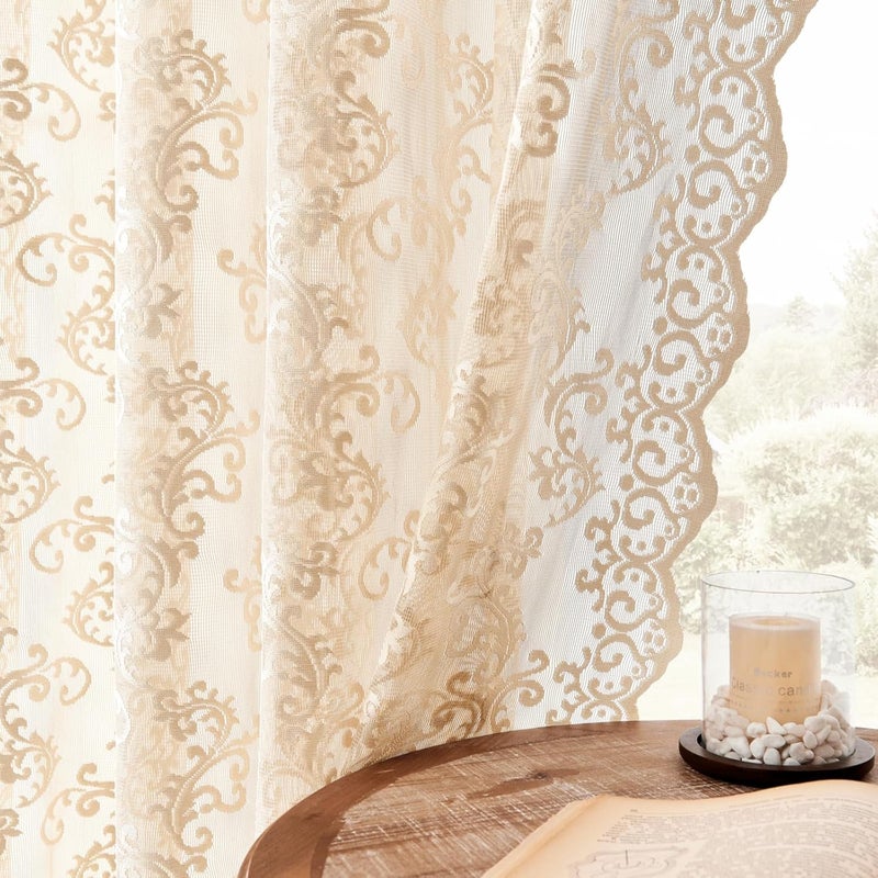 FOLKSIDE Beige Lace Curtains 102 Inches Long 2 Panels Vintage Paisley Sheer Lace Curtains for Living Room Bedroom Rod Pocket Light Filtering Large Window Privacy Decor for Dining Room Neutral Drapes, 52x102 - Image 4